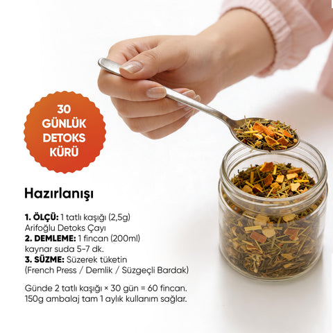 Arifoğlu Detoks Çayı Matcha & Kiraz Sapı İçeren 12 Özel Bitki Kürü - 30 gün 150gr - Arifoğlu Online
